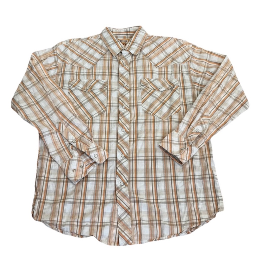 Resistol Double R Plaid Cotton Pearl Snap Shirt Brown Cream Long Sleeve Men’s L